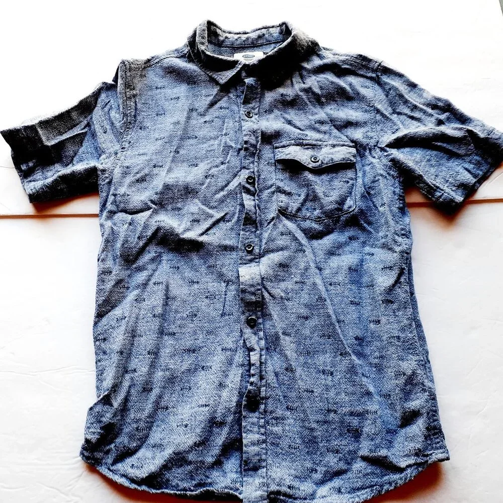 Old Navy Boys Shirt Button Down Blue Linen Blend Fish Short Sleeve Large 10-12